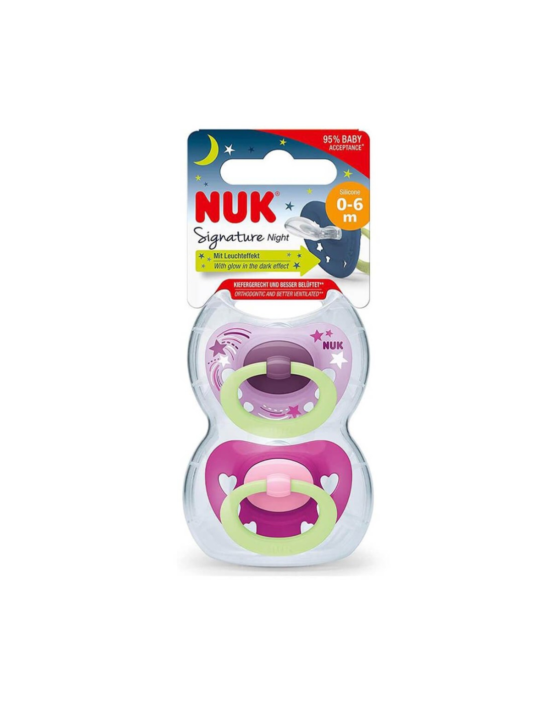 NUK Signature y Signature Night chupete, 0-6 meses, Calma al 95 % de los  bebés, silicona sin BPA en forma de corazón, Brilla en la oscuridad, Incluye funda, Azul