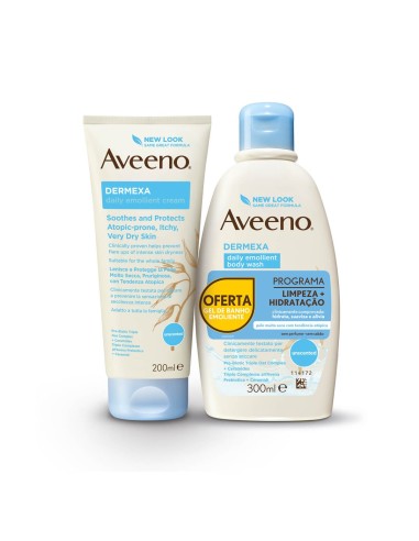 Aveeno Pack Dermexa Crema Emoliente Diaria 200ml y Dermexa Gel de Ducha Emoliente Diario 300ml